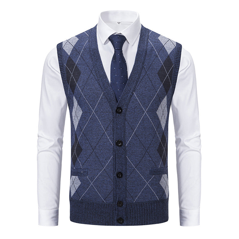 Herren nan ärmellose Strickweste mit Argyle-Muster, Teddyfutter und durchgehender Knopfleiste