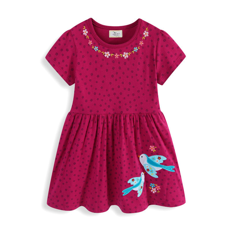Mädchen Baumwollkleid mit süßen Vogel- und Blumenstickereien
