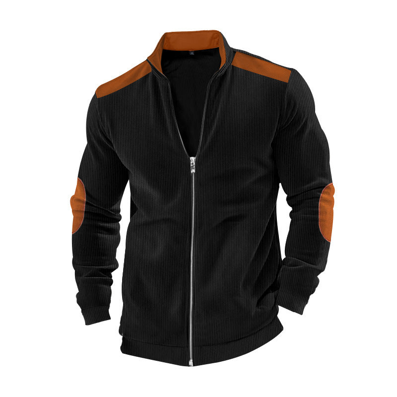 Herren nan Stehkragen-Sweatjacke mit feiner Rippstruktur, Ellbogen-Patches und kontrastierenden Schulterdetails