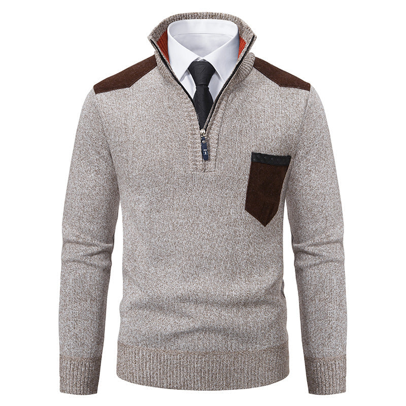 Herren nan Feinstrick-Halbzip-Pullover mit Stehkragen, Brusttasche und Schulterbesatz