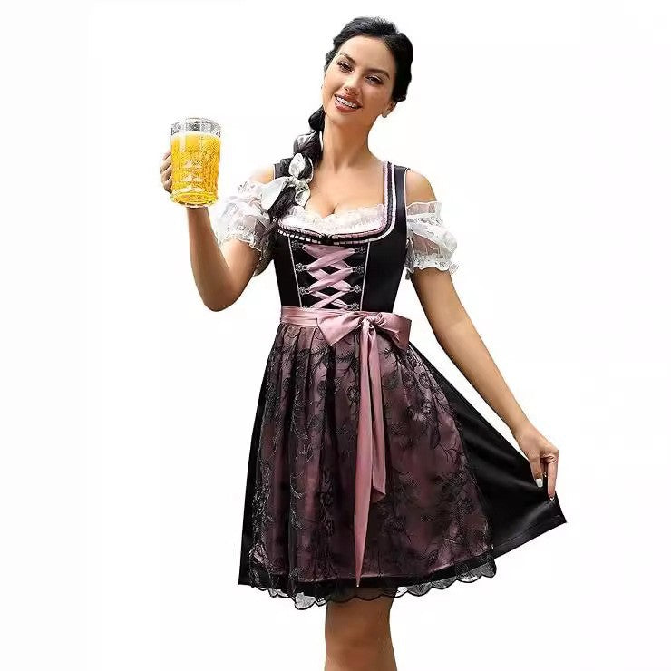 Damen nan traditionelles Dirndlkleid mit Schnürung, floraler Baumwollqualität und Schleifen-Schürze