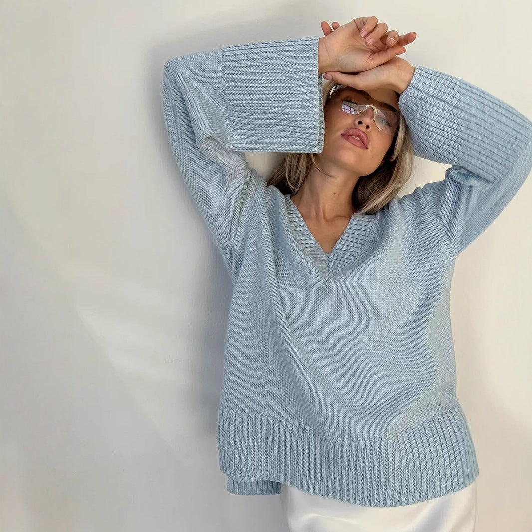 Damen nan oversized Feinstrickpullover mit tiefem V-Ausschnitt, gerippten Bündchen und lockerer Silhouette