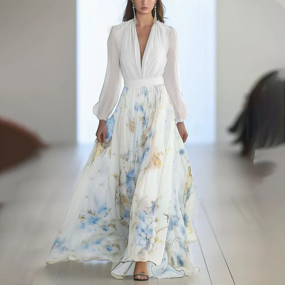 Damen nan fließendes Chiffon-Maxikleid mit tiefem V-Ausschnitt, tailliertem Bund und langem Glockenrock