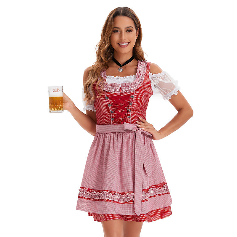 Damen nan kurzes traditionelles Dirndlkleid mit Korsett-Schnürung Spitzendetails und bindbarer Schürze