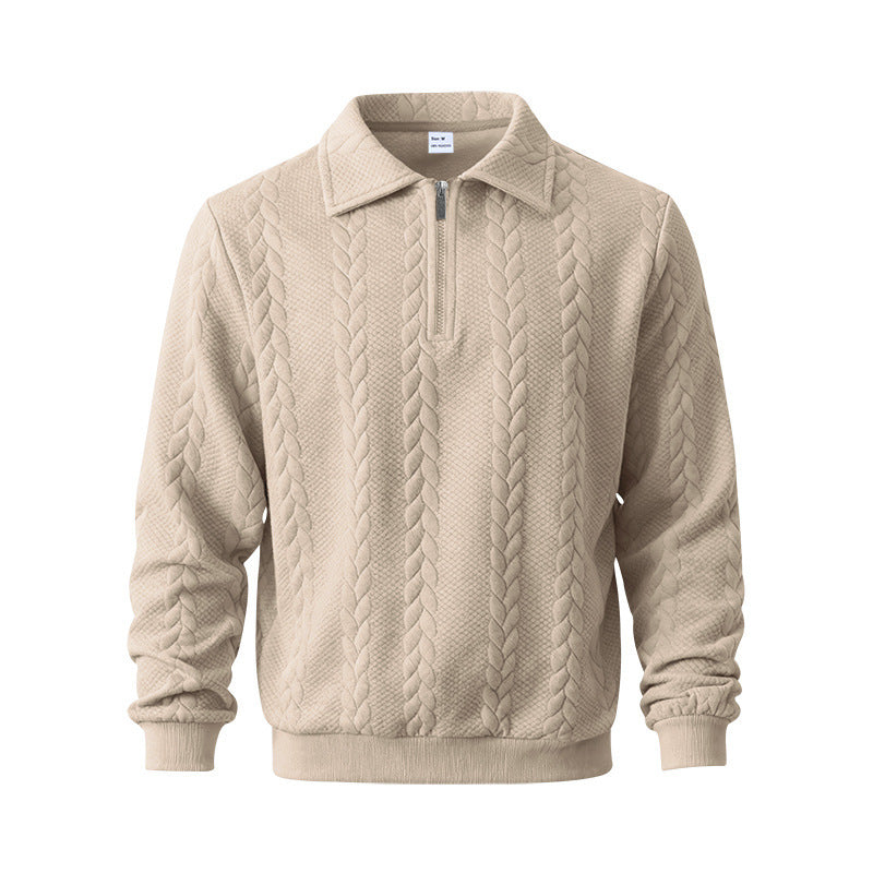Herren nan strukturierter Strickpullover mit halbem Reißverschluss, Polokragen und Zopfmuster
