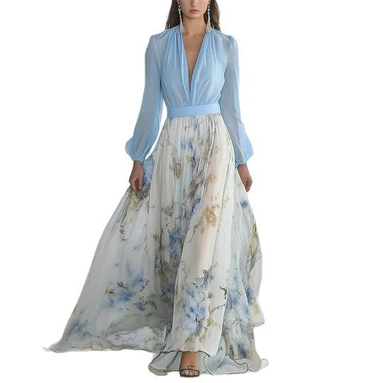 Damen nan fließendes Chiffon-Maxikleid mit tiefem V-Ausschnitt, tailliertem Bund und langem Glockenrock