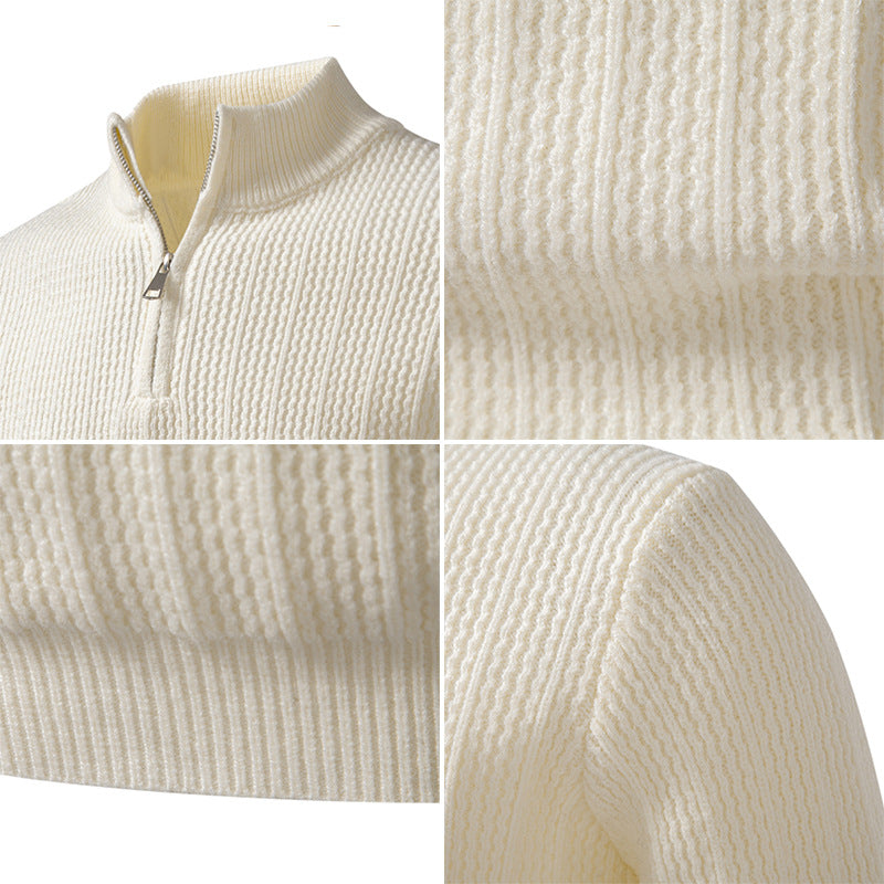 Herren nan feinstrukturierter Halbzip-Pullover mit Stehkragen, geripptem Strukturstrick und schmaler Passform