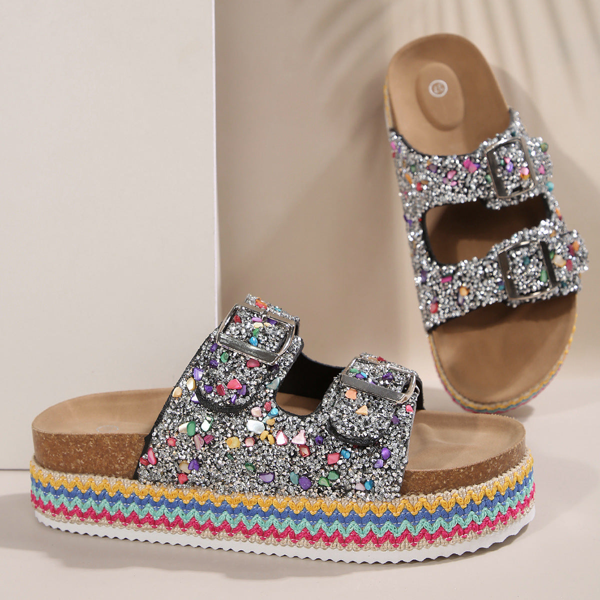 Damen Glitzernde Plateau-Sandalen mit Doppelschnalle und mehrfarbigem Boden Selmira