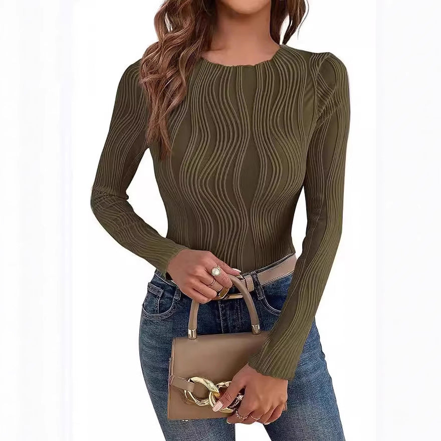 Damen nan figurbetontes Rippstrick-Longsleeve mit Wellendetail und Rundhalsausschnitt