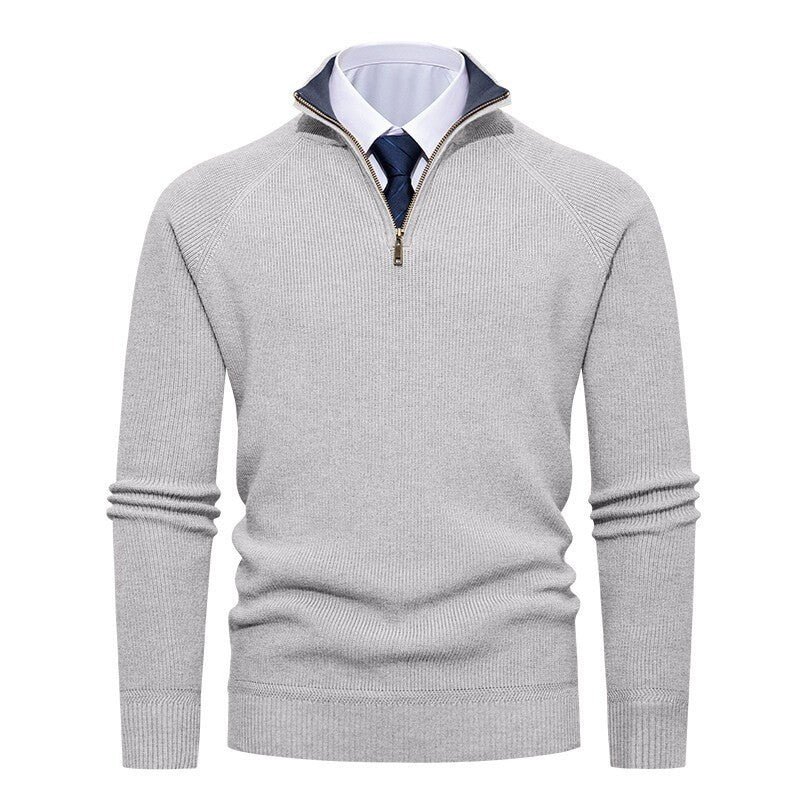 Herren nan feiner Strickpullover mit Halbzip, strukturierter Rippoptik und innen kontrastiertem Stehkragen