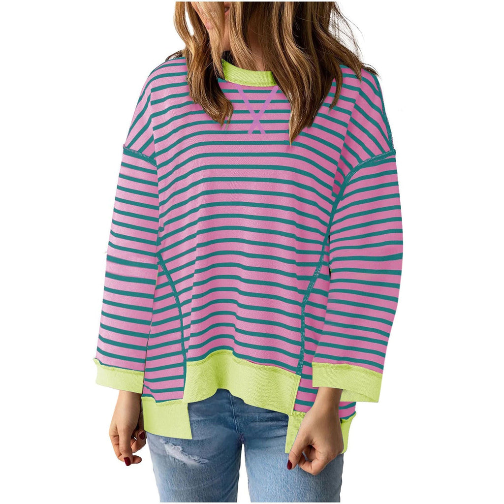 Damen nan oversized gestreifter Sweatshirtpullover mit kontrastsaum, überschnittener Schulter und seitlichen Schlitzen