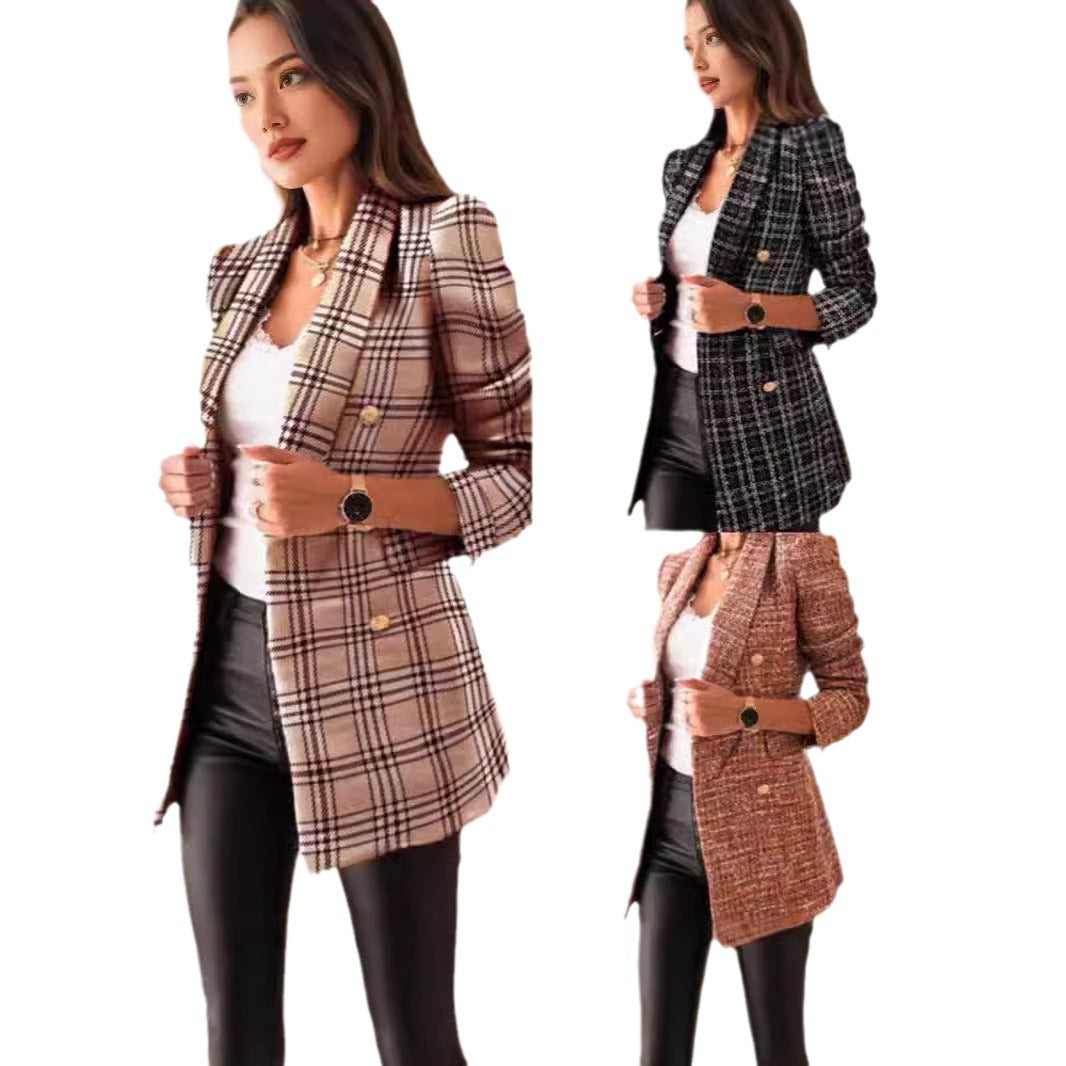Damen nan taillierter kariert langer Blazer mit Doppelreiher und Schulterpolstern