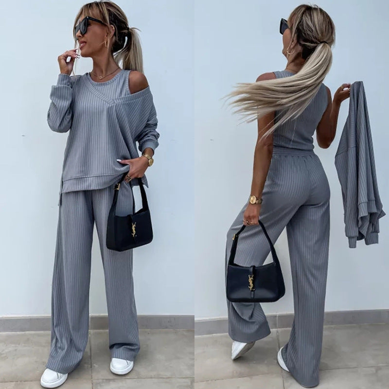 Damen nan elegantes Rippstrick-Zweiteiler Lounge-Set mit einseitigem Schulterfreischnitt und weitem Palazzo-Hosenbein