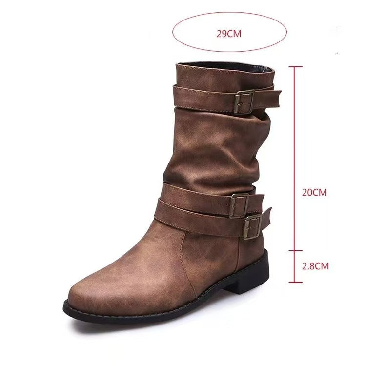 Damen nan lässiger mittlerer Schaftstiefel mit weichem Slouch-Effekt, dekorativen Schnallenriemen und robustem Blockabsatz