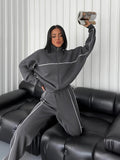 Damen nan Oversize Trainingsanzug Set mit Reißverschluss hohem Kragen und Kontrastpaspeln