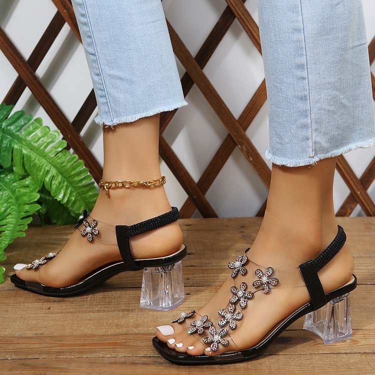 Damen Elegante Sandalen mit Blumenapplikationen und transparentem Absatz Selmira