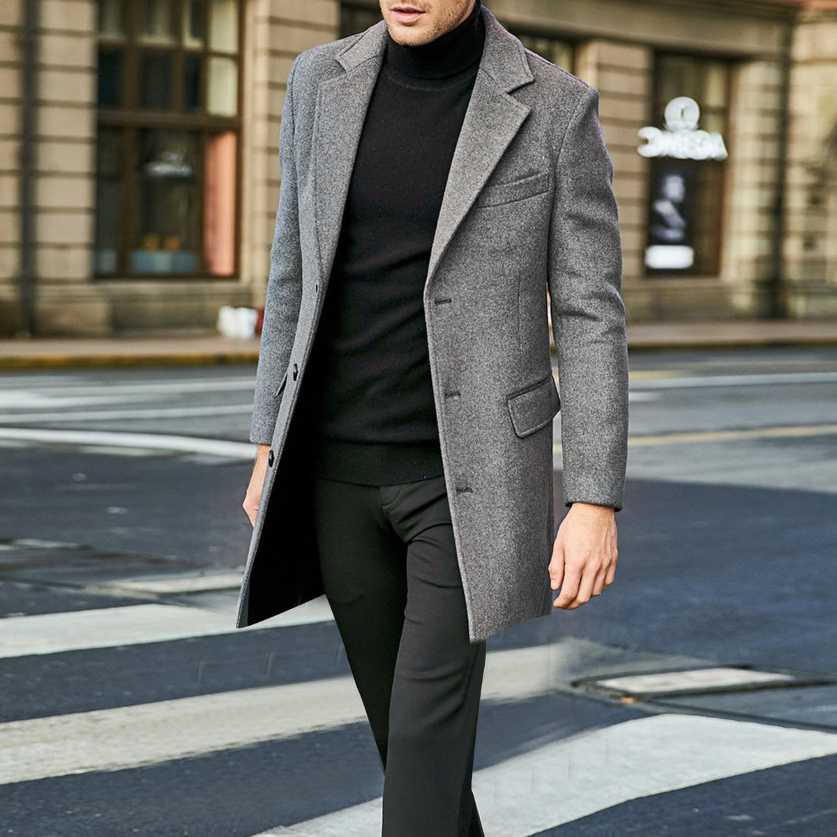 Herren nan eleganter Wollmantel mit schmaler Passform, Reverskragen und praktischen Innentaschen