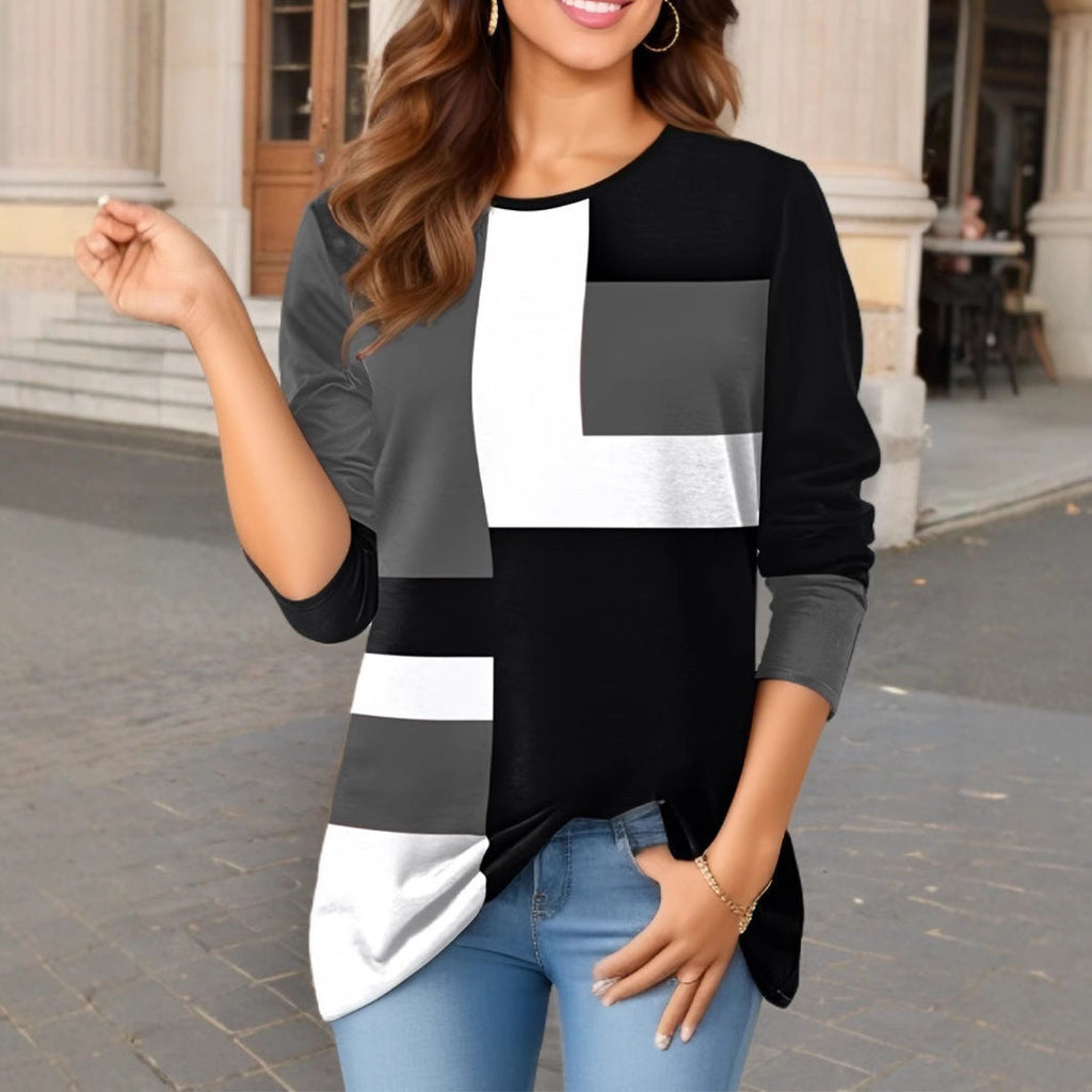 Damen nan geometrisches Colorblock Longsleeve-Tunika-Oberteil mit Rundhalsausschnitt und asymmetrischem Saum