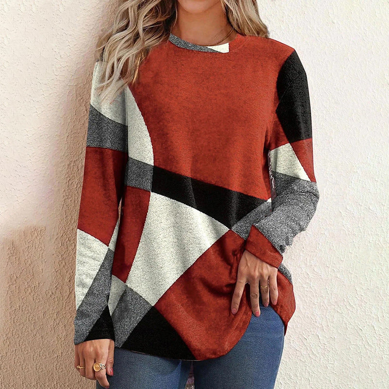 Damen nan Langarmshirt mit grafischem Print, Rundhalsausschnitt und geschwungenem Saum