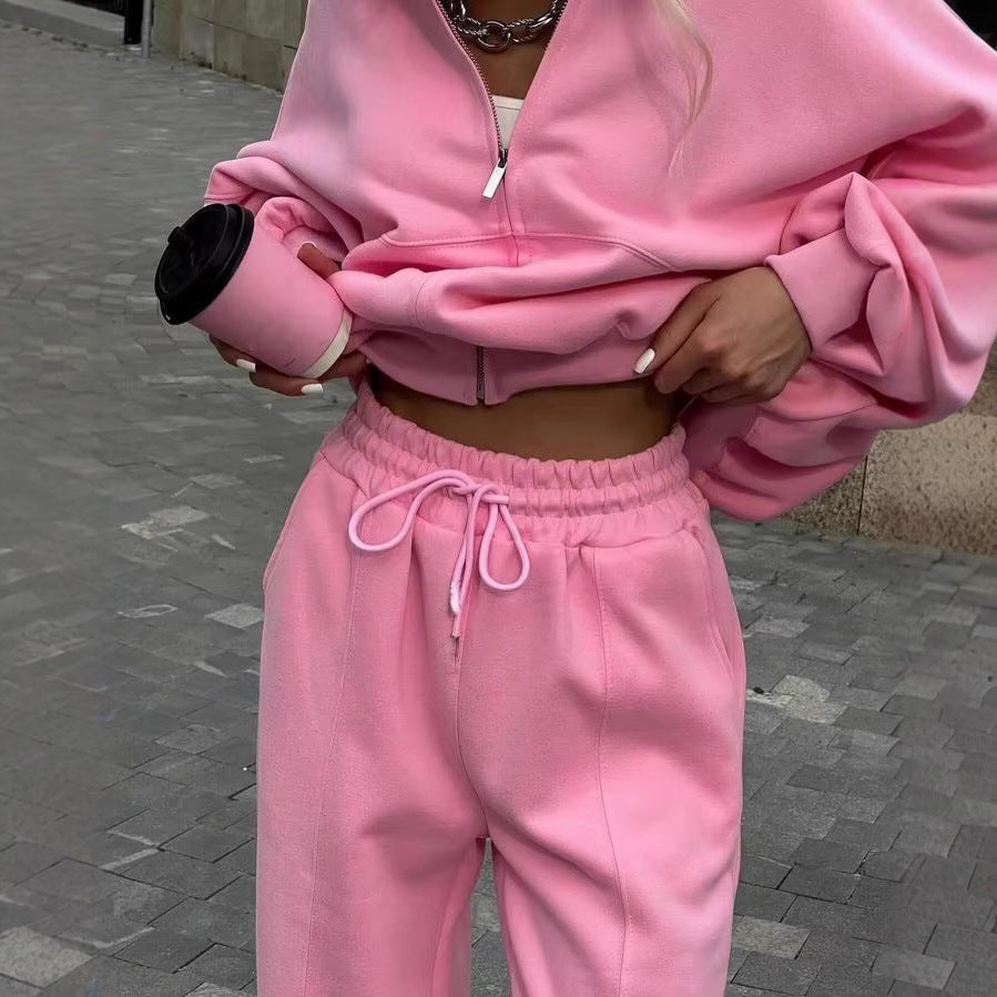 Damen nan cropped Hoodie mit halbem Reißverschluss und Highwaist Jogginghose