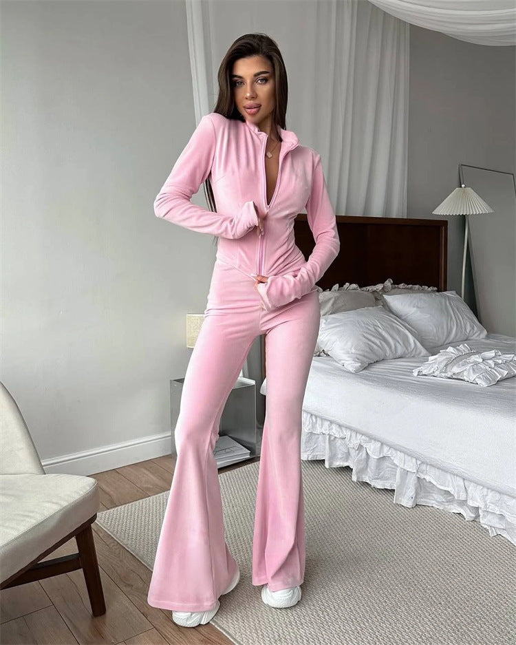 Damen nan taillierter Velours-Overall mit Halbzip, Kapuze und ausgestelltem Schlag