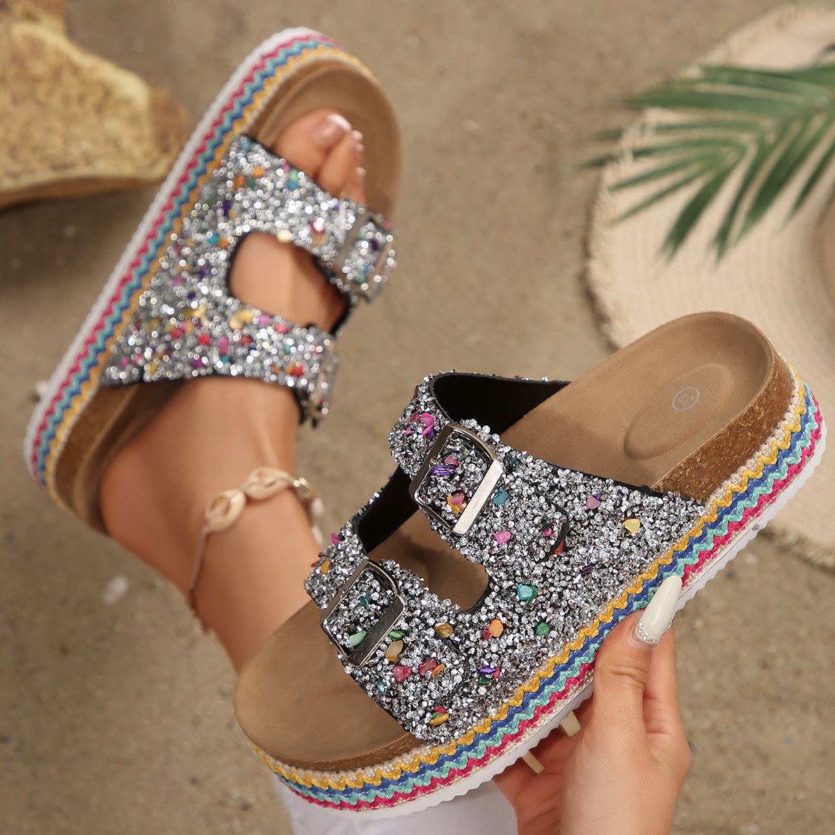 Damen Glitzernde Plateau-Sandalen mit Doppelschnalle und mehrfarbigem Boden Selmira