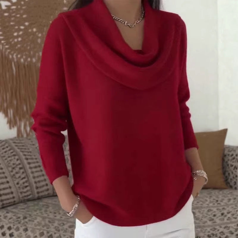 Damen nan fein gestrickter Pullover mit Wasserfallkragen und geripptem Saum