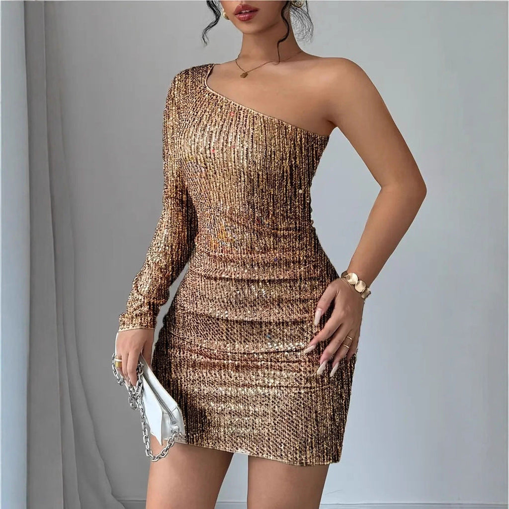 Damen Glitzerndes Cocktailkleid mit asymmetrischem Träger und Raffungen Selmira