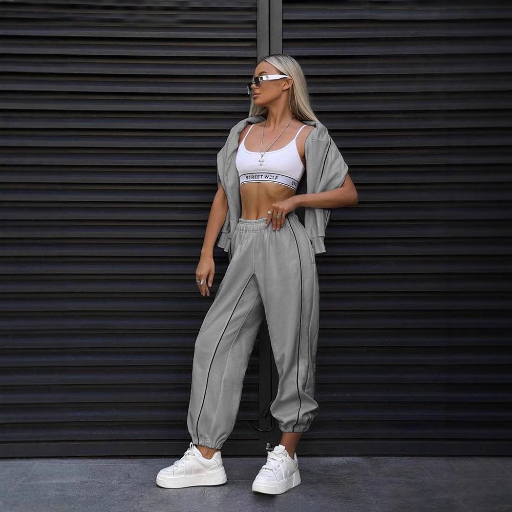 Damen nan kurzes Crop-Sweatshirt und lässige Jogginghose mit kontrastierenden Paspeln