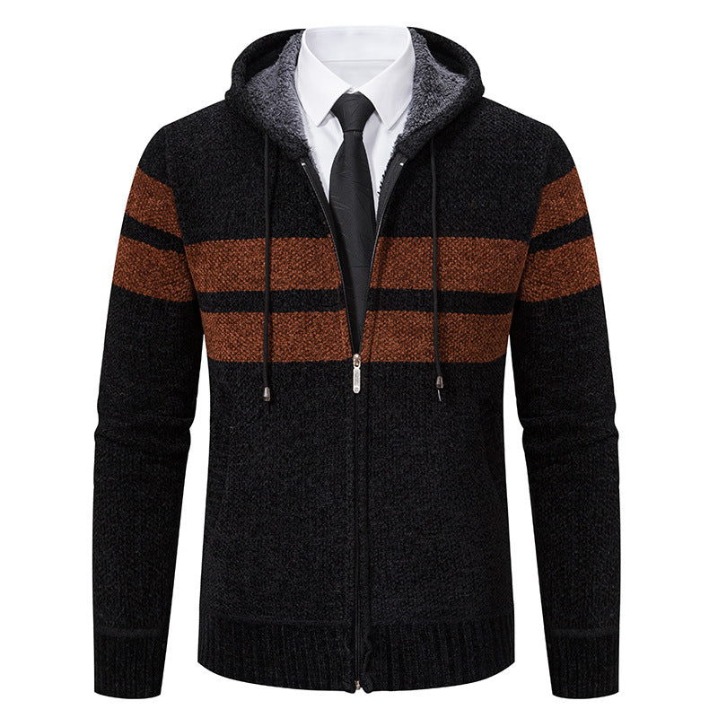 Herren nan gestrickte Kapuzenjacke mit Teddyfutter, verdecktem Reißverschluss und kontrastreifen