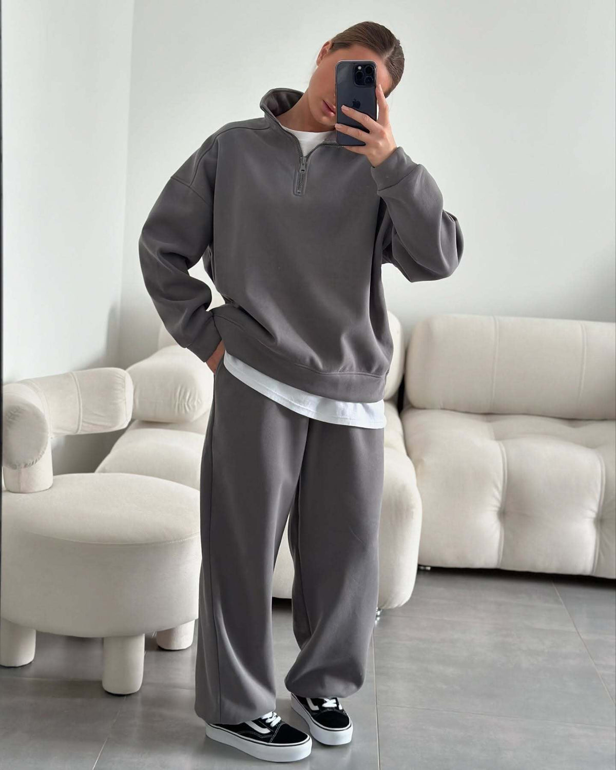 Damen nan Oversize Halbzip-Pullover mit Stehkragen und weitem Lounge-Hose-Set