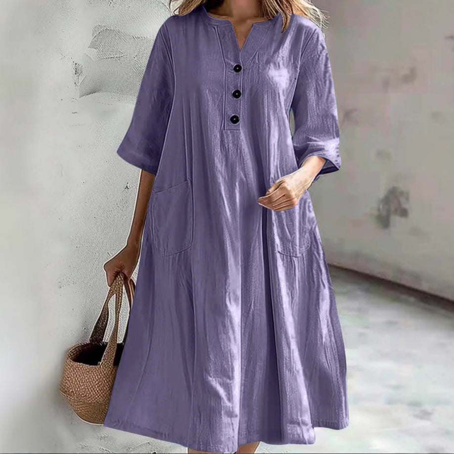 Damen nan locker fallendes A-Linien Kleid mit V-Ausschnitt-Knopfleiste, 3/4-Ärmeln und aufgesetzten Eingrifftaschen