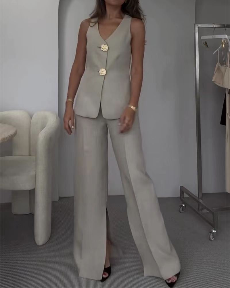 Damen elegantes Hosenanzug-Set mit tailliertem Blazer und weit geschnittenen Hosen Selmira