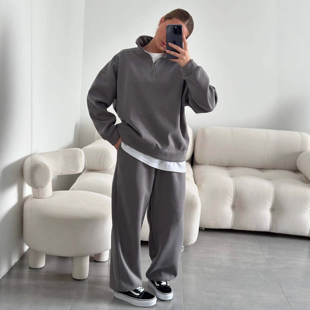 Damen nan Oversize Halbzip-Pullover mit Stehkragen und weitem Lounge-Hose-Set