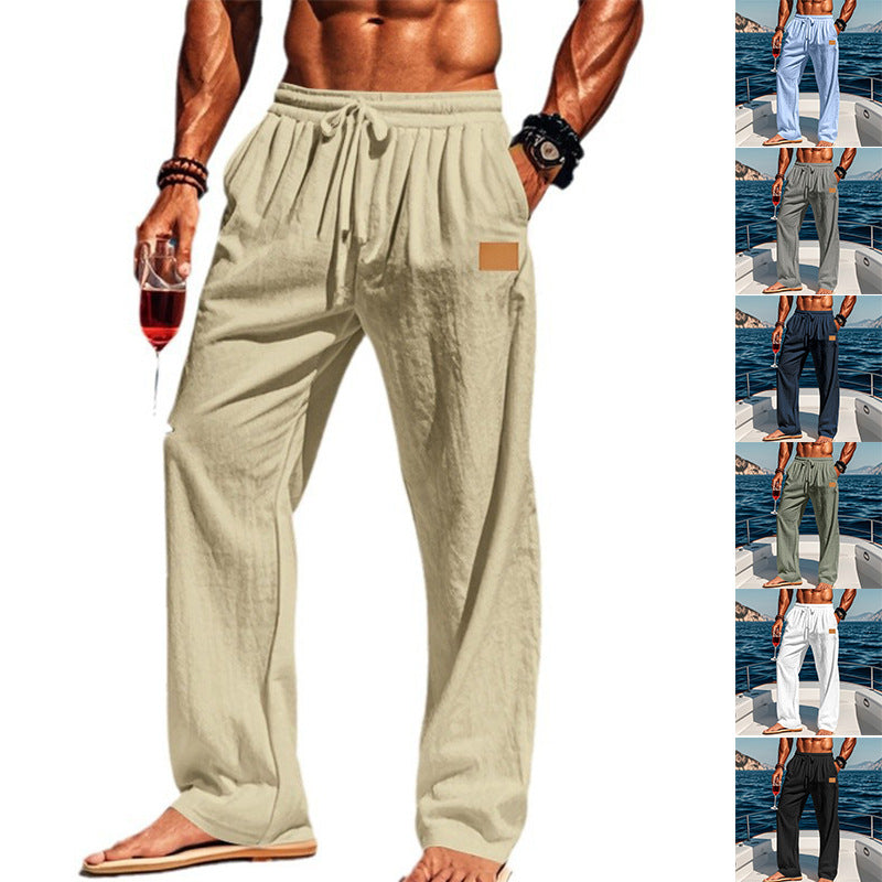 Herren nan lässige Leinen-Relaxhose mit weitem Bein, Tunnelzugbund und tiefen Eingrifftaschen