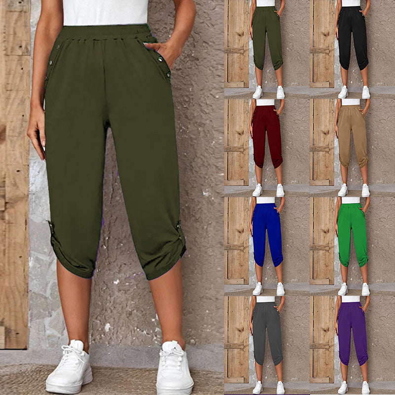 Damen nan lässige dreiviertellange Hose mit elastischem Bund, Eingrifftaschen und krempelbarem Saum