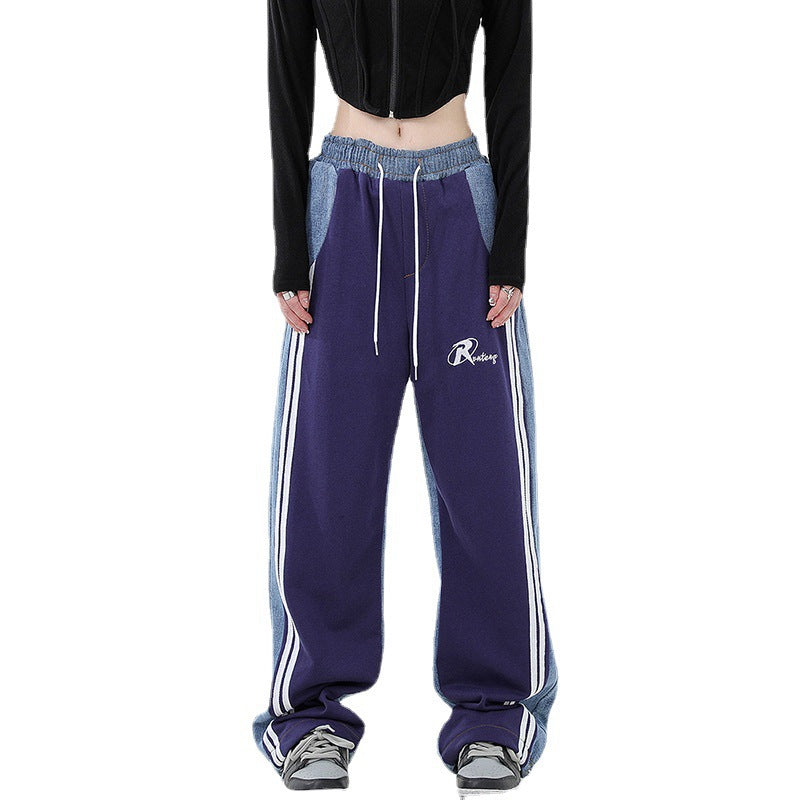 Damen nan weite Jogginghose mit Denim-Einsätzen, elastischem Bund und seitlichen Kontraststreifen