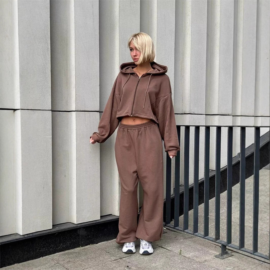 Damen nan kurz geschnittenes Zip-Hoodie und Highwaist Sweathose Lounge-Set mit Kapuze