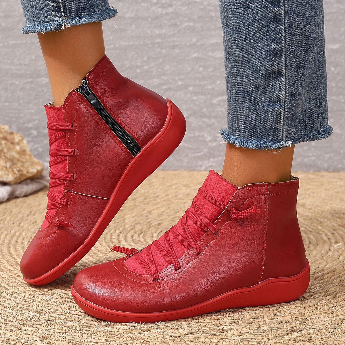 Damen nan sportliche knöchelhohe Schnürstiefelette mit seitlichem Reißverschluss und flexibler Gummisohle