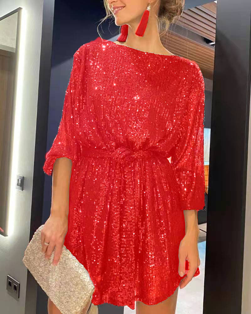 Damen Glamouröses Cocktailkleid mit funkelnden Lurex-Fäden und elastischem Taillengürtel Selmira