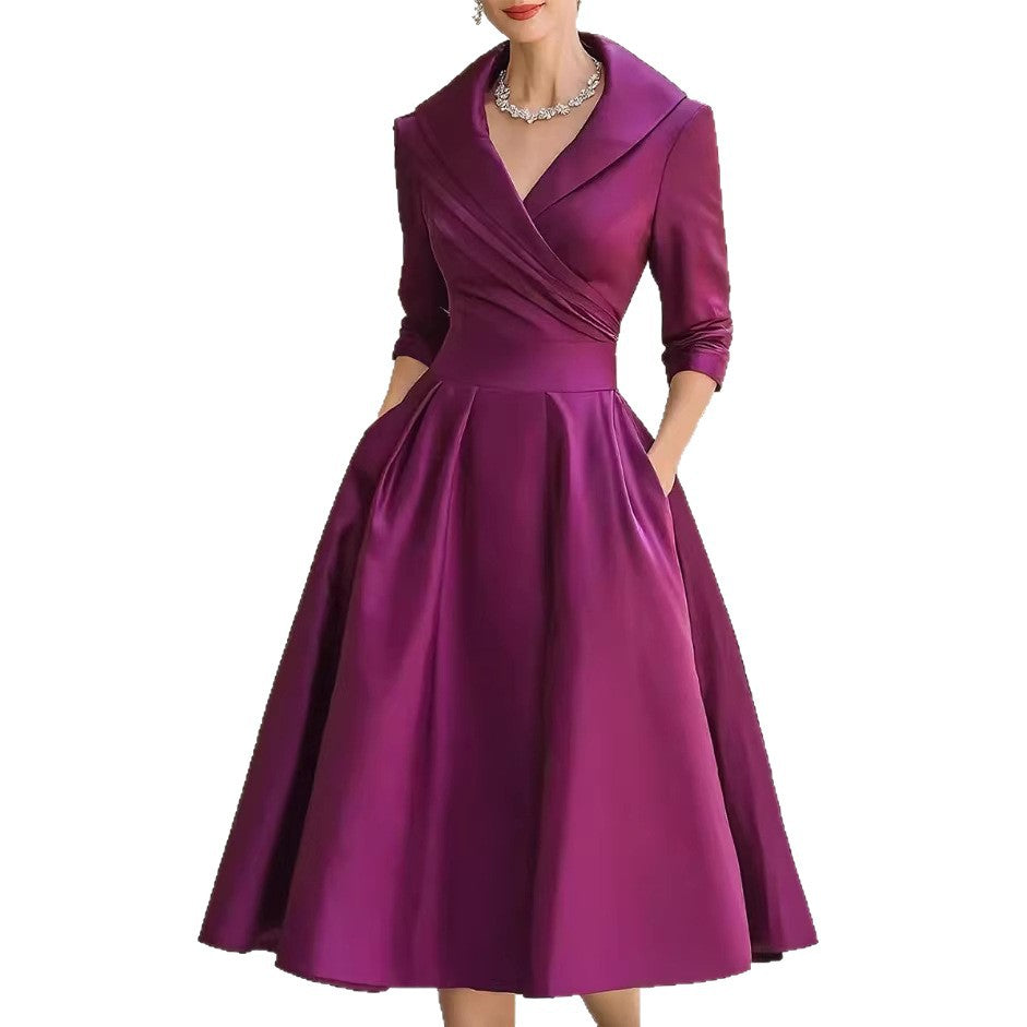 Damen nan elegantes Midikleid mit Wickeloberteil, Dreiviertelärmeln und Eingrifftaschen