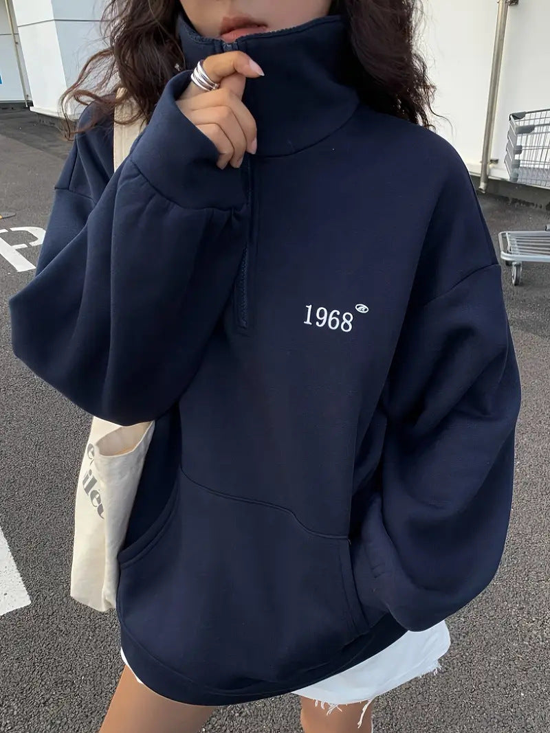 Damen nan oversized Halbzip-Sweatshirt mit hohem Stehkragen, Kängurutasche und lässigem Oversize-Schnitt
