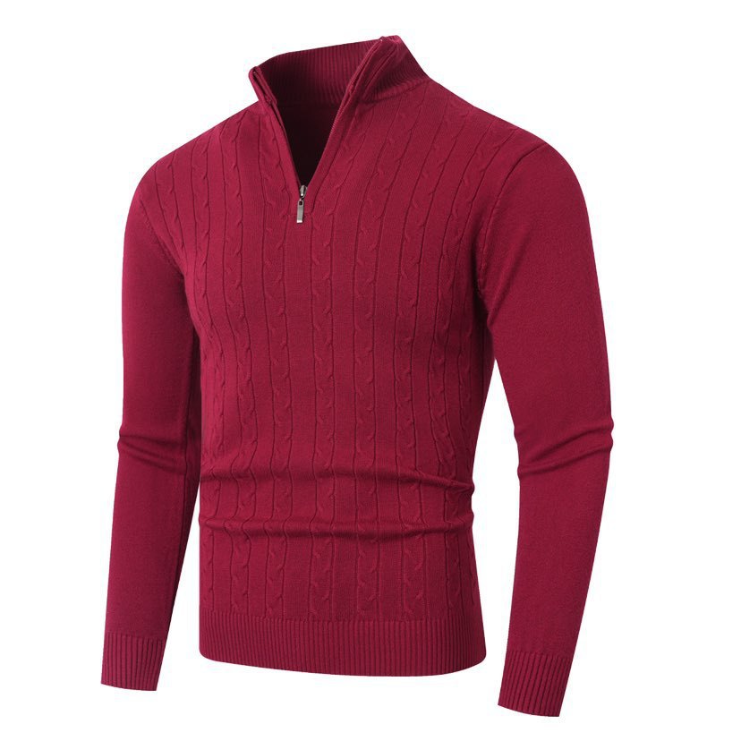 Herren nan gerippter Halbzip-Pullover mit Zopfmuster, Stehkragen und schmaler Passform