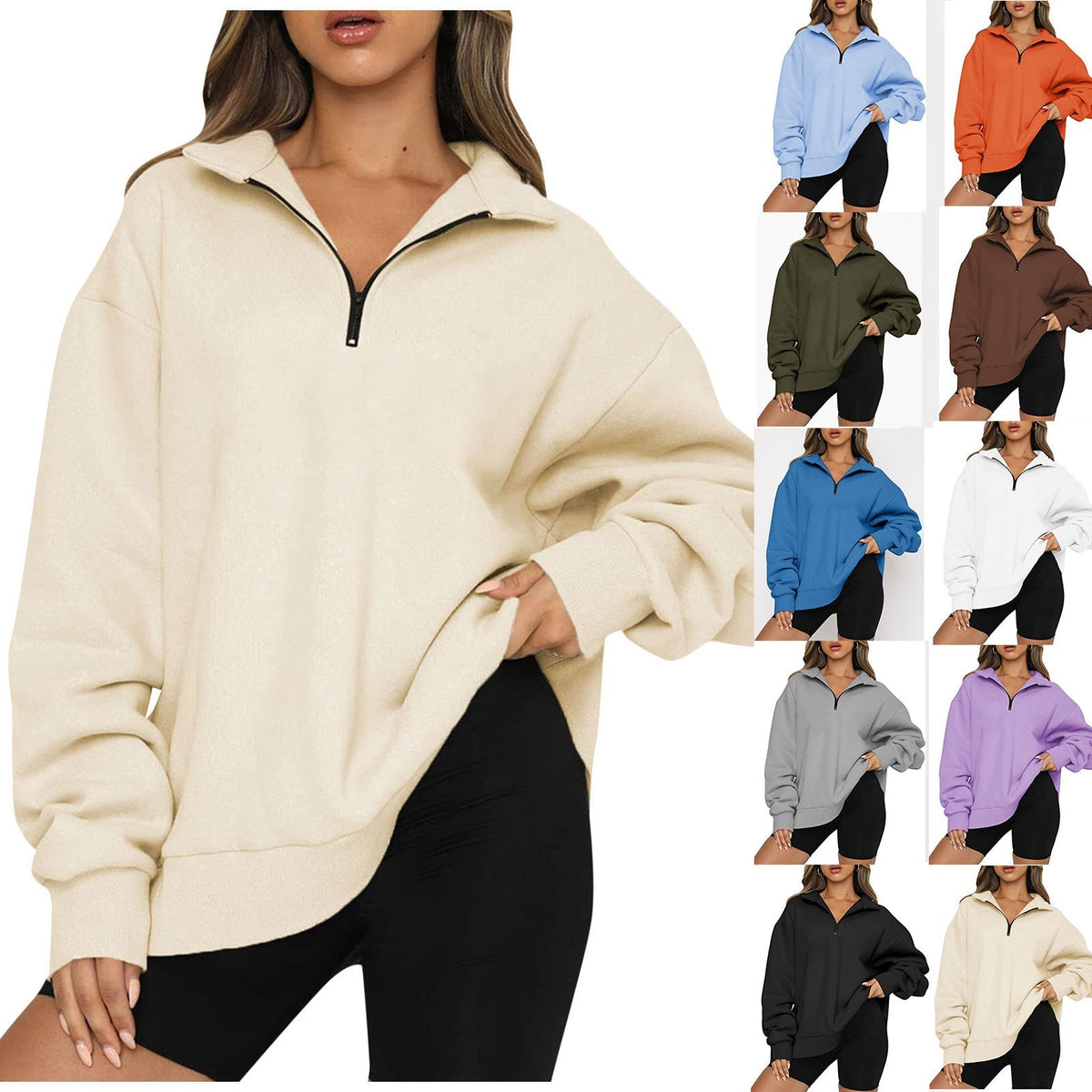 Damen nan oversized Sweatshirt mit halbem Reißverschluss, Stehkragen und überschnittener Schulter
