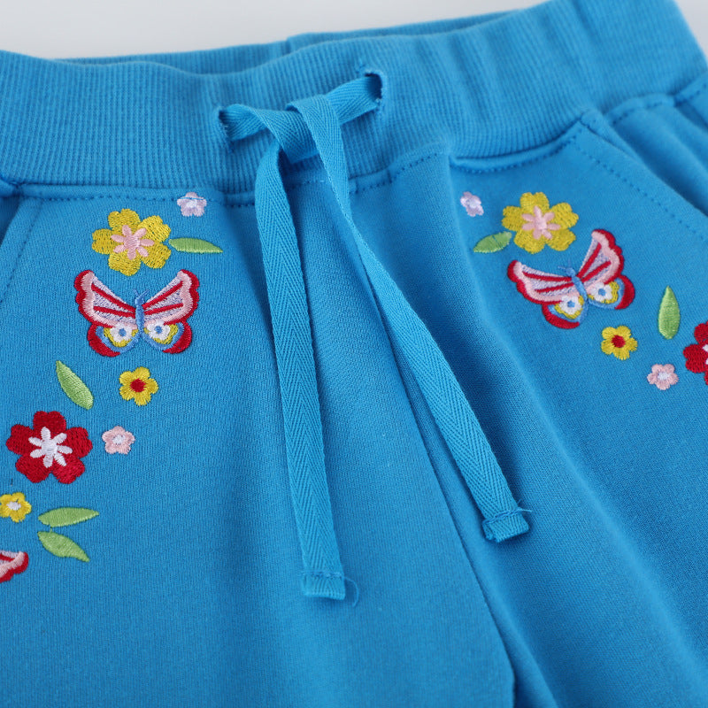 Mädchen Jogginghose mit bunten Blumen- und Schmetterlingsstickereien