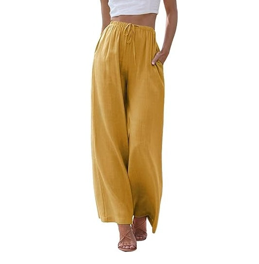 Damen nan weite Leinenhose mit elastischem Bund Kordel und Seitentaschen