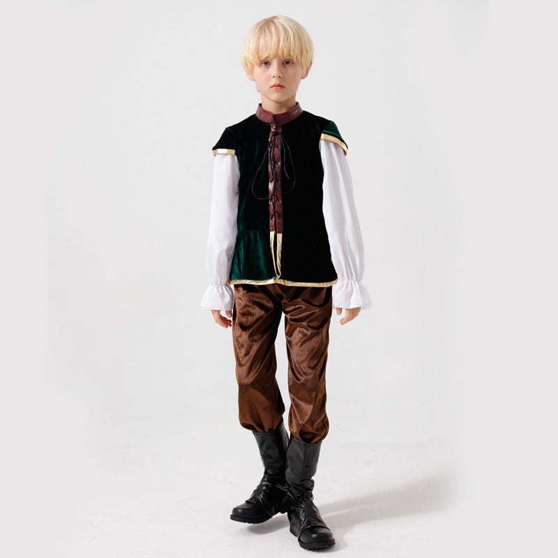 Unisex nan mittelalterliches Kinderkostüm Set mit Samtweste, geraffter Pluderhose und Renaissance-Details