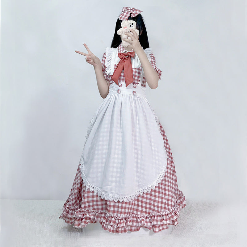 Damen nan vintage-inspiriertes Lolita-Kleid mit Karomuster Volants und abnehmbarer Schürze