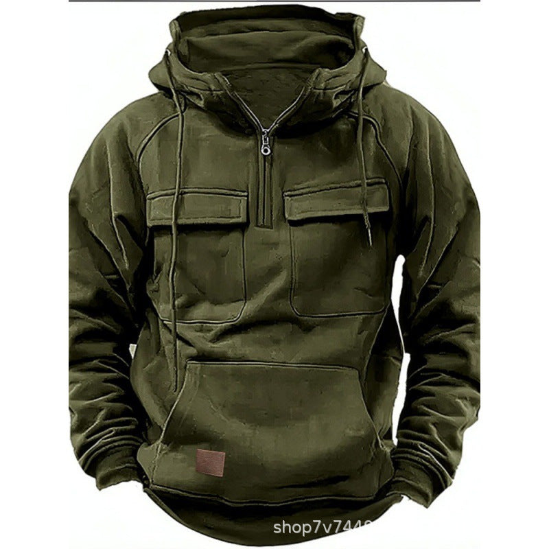 Herren nan funktionaler Kapuzenpullover mit halbem Reißverschluss, aufgesetzten Brusttaschen und Kängurutasche