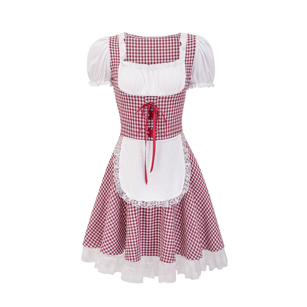 Damen nan Trachtenkleid im Vichy-Stil mit Puffärmeln, Schnürkorsett und Spitzenschürze
